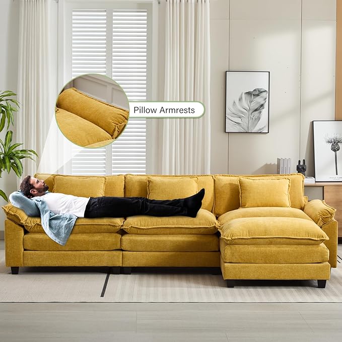 Oprisen 120" Modular Sectional Sofa, Comfy Cloud Couch Sectional Sofa with Ottoman, Chenille Sofa Sleeper Deep Seat Sofa with Throw Pillows for Living Room (Yellow, 120"- L Shape)