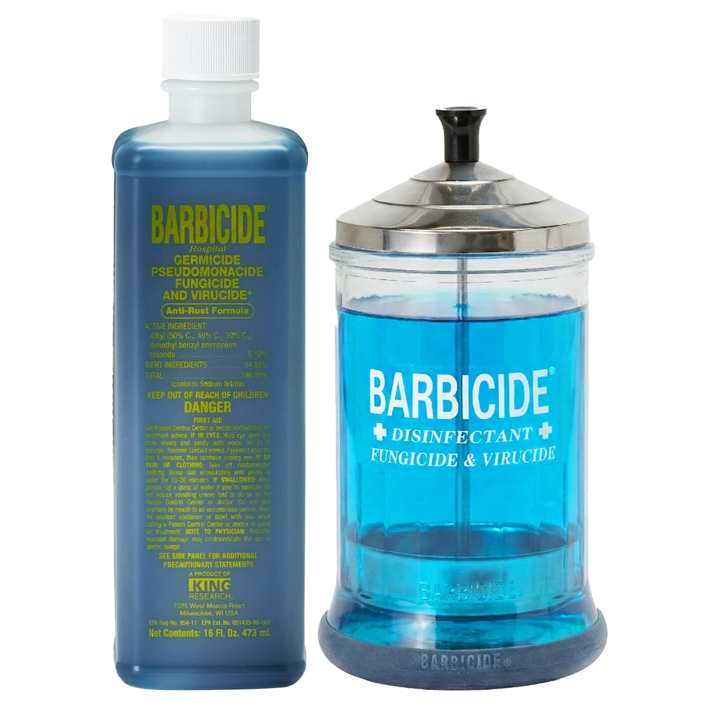 BARBICIDE Disinfectant Jar and Concentrate Starter Set (21 Oz Jar + 16 Fl Oz)– Professional Salon, Spa & Barber Tool Sanitizing Kit