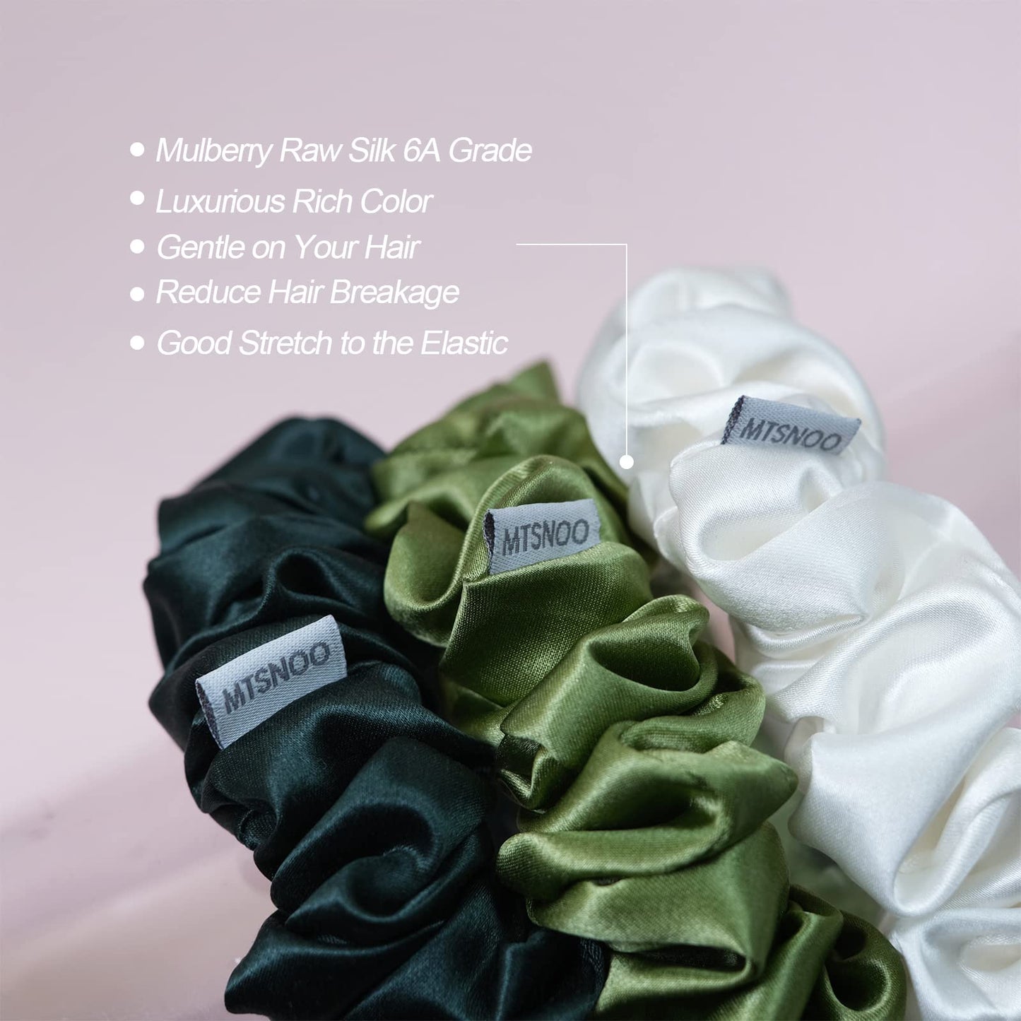 MTSNOO Silk Scrunchies, 3 Pack - 100% Pure 22 Momme Mulberry Silk Scrunchies for Curly Hair with Elastic Band, Silk Hair Ties Ro