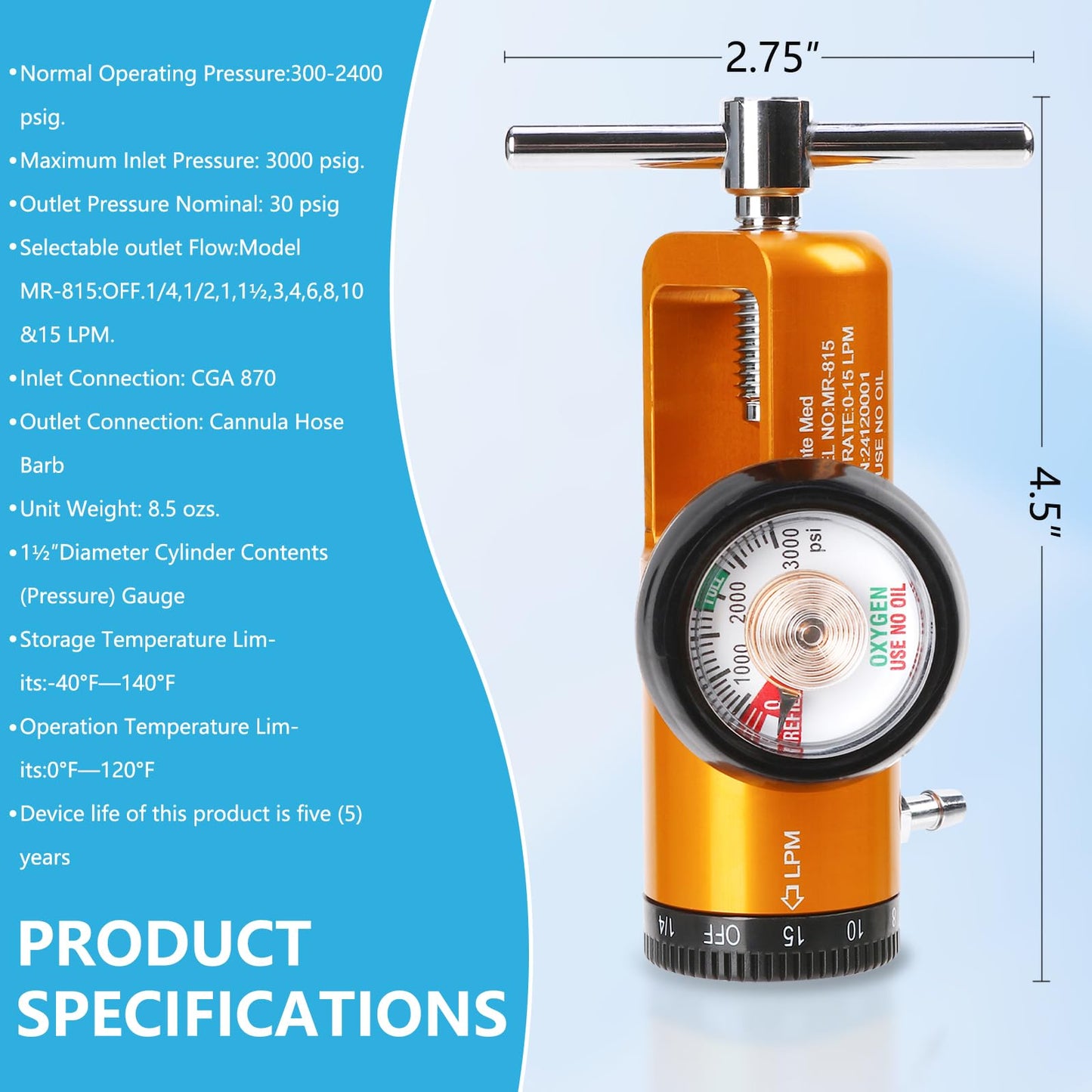 AnteMed Oxygen Regulator for Oxygen Tank CGA-870, Mini O2 Regulator with Gauge, 0-15 LPM Adjustable Flow, Portable Oxygen Tank Regulator