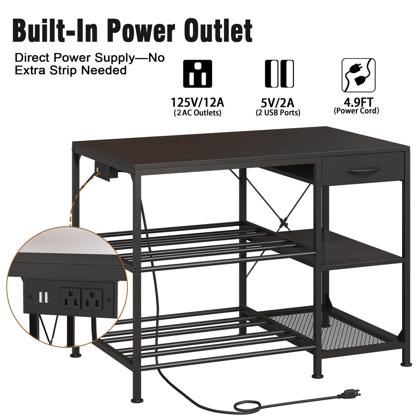 3D Printer Table with Filament Storage, 3-Tier 3D Printer Stand with Power Outlet & Drawer, Heavy Duty 3D Printer Rack for Workshop Studio Office (Black)