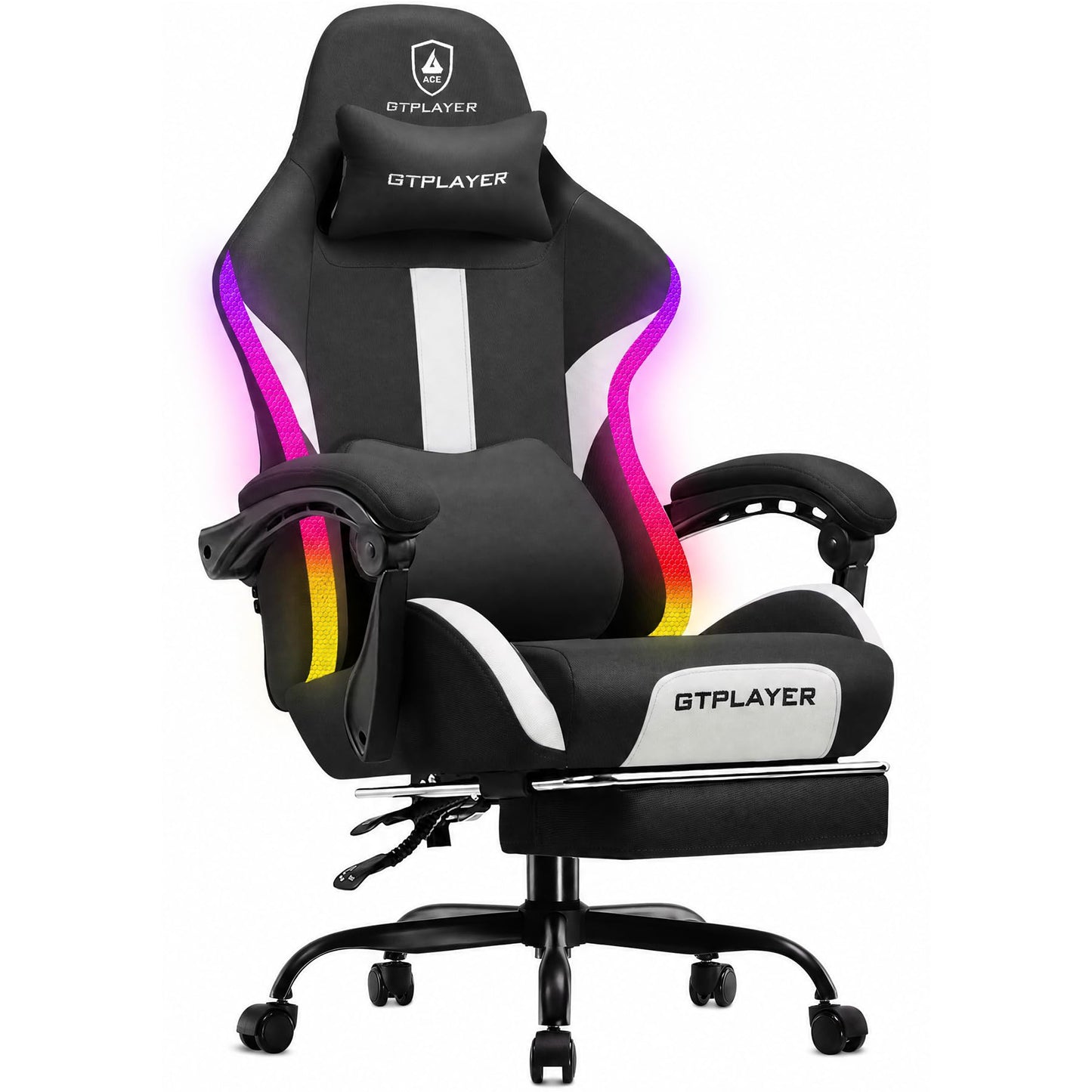 GTPLAYER RGB Gaming Chair with Footrest, LED Lights, Ergonomic Computer Chair with Linkage Armrest, Breathable Fabric for Home Office Desk - Video Game Chairs for Adults