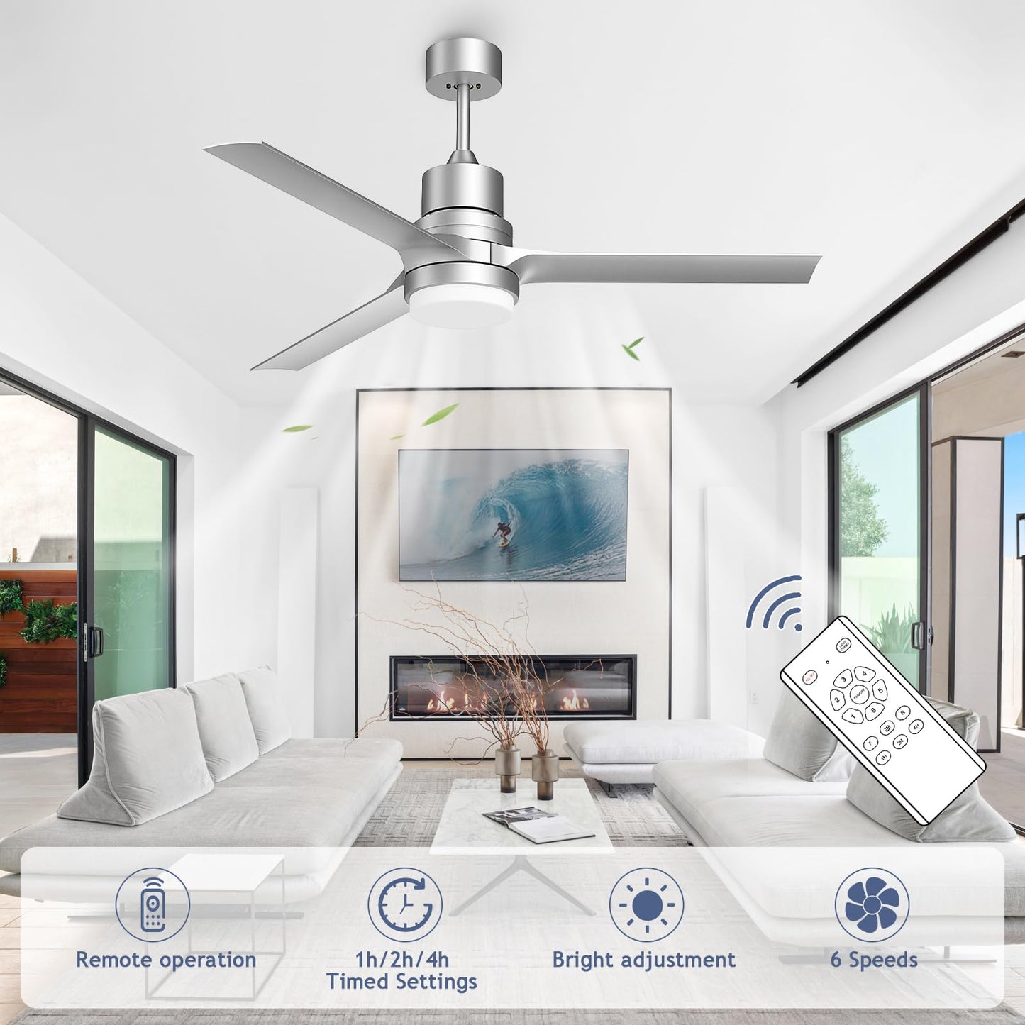 Biukis Ceiling Fans With Lights,Indoor And Outdoor Black Ceiling Fan With Remote Control, 52-Inch Modern Ceiling Fans With Rever