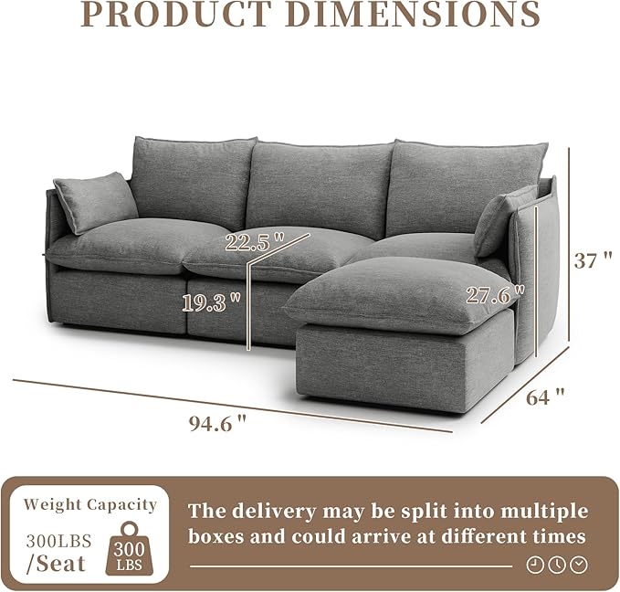 Gtilzria Waterproof Cloud Sectional Couches,High Backrest Down Filled Sofa for Living Room,94.5" Modular Sofas L-Shaped with Ottoman,Detachable Couch Covers,Dark Grey