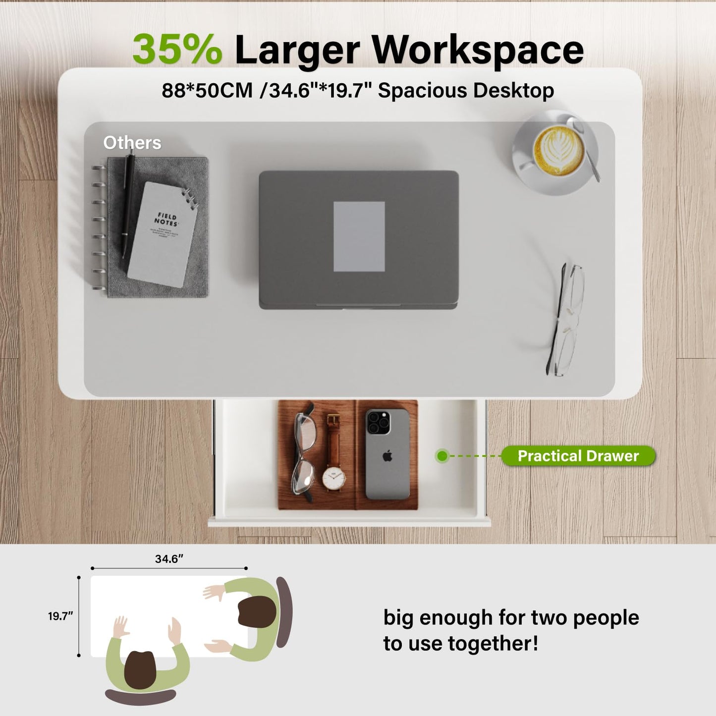 DAWNYIELD Standing Desk for Walking Pad with Wheels, Pneumatic Cordless Height Adjustable Rolling Desk, Mobile Computer Workstation with Drawer Hook Locking Casters for Treadmill & Home Office, White