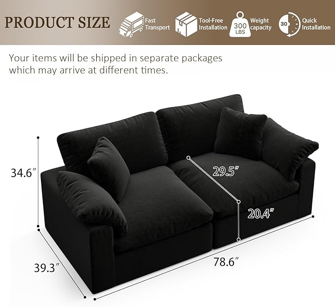 Forest aesthetics Modular Sectional Sofa Cloud Couch,78.6" Down Filled Comfy Cloud Modern Sofa,2 Seater with Black Linen Couch Cushion Covers Removable Furniture for Living Room