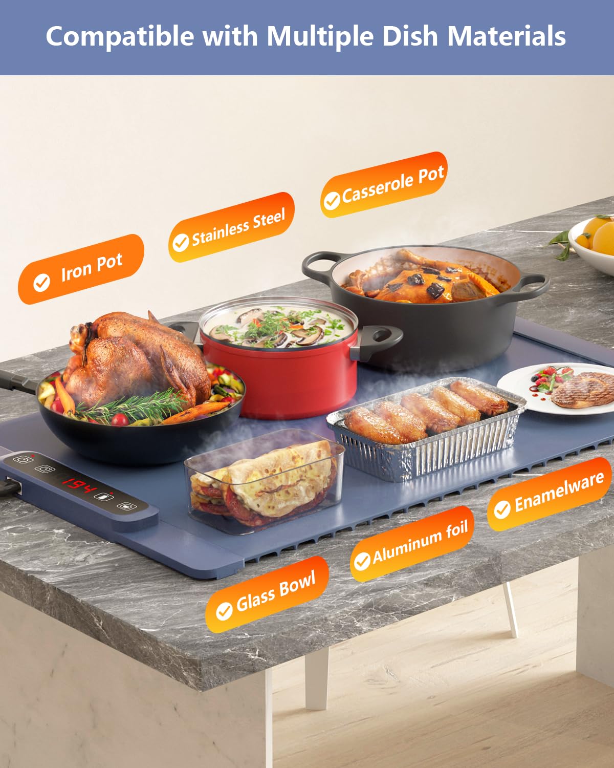 Electric Warming Tray - Full Surface Heating, Rollable & Portable,Premium Silicone Nano-Material, 5 Temperature Settings, Auto Shut-Off Versatile Food Warmer for Gatherings,Heating Mat for Food