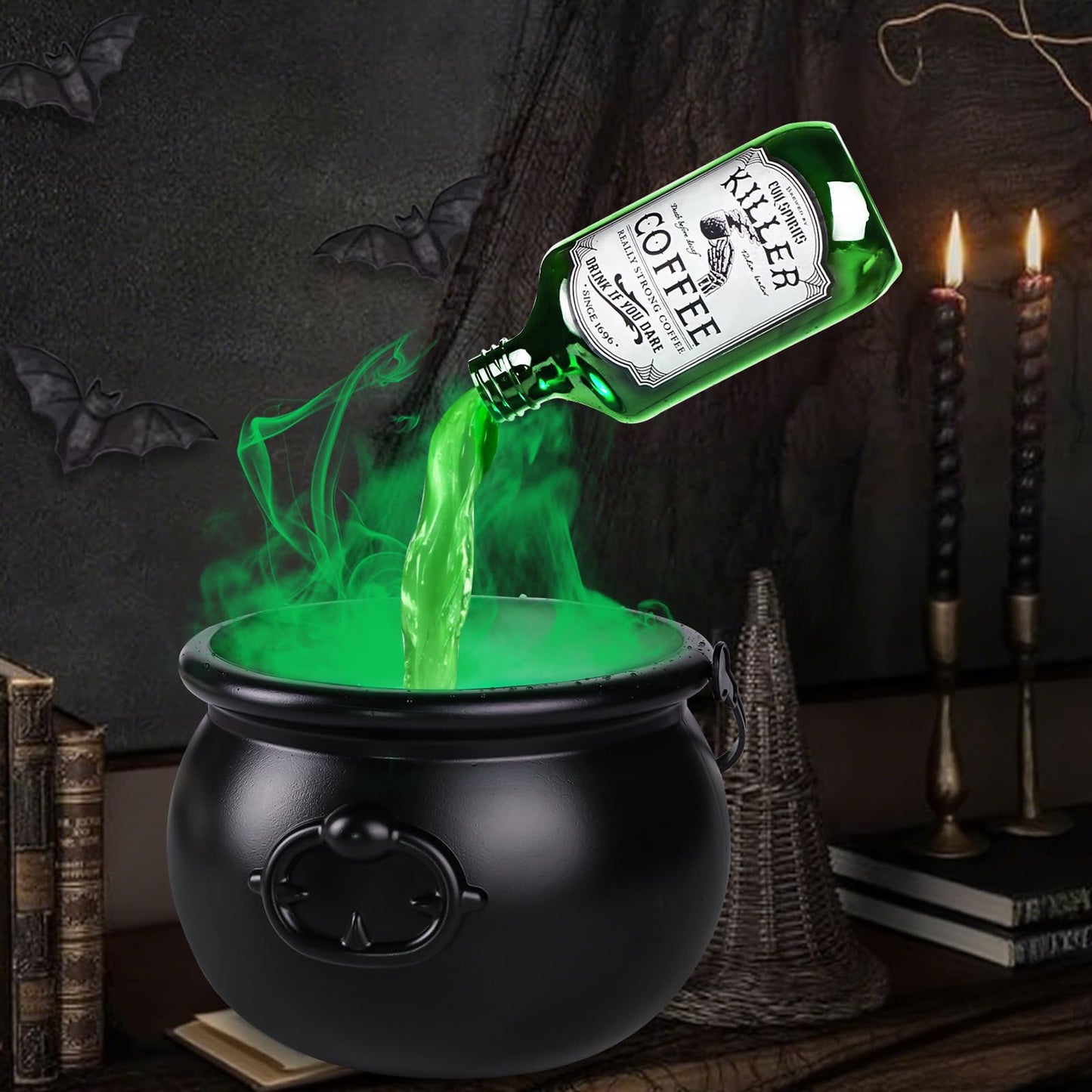 JOICEE Halloween Decorations Indoor, Magic Floating Potion Bottles with Mist Maker Halloween Witches Cauldron DIY Black Floating Potion Bowl set for Halloween Party Decorations Home Mantel Table Decor