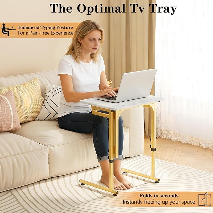 Katrawu Folding tv Tray Dinner Snack Table,6 Height Adjustable Slide Under Couch Side Table, Portable Small Foldable C-Shaped End Table for Eating with Sturdy MDF Top,No Assembly(White Marble+Gold)