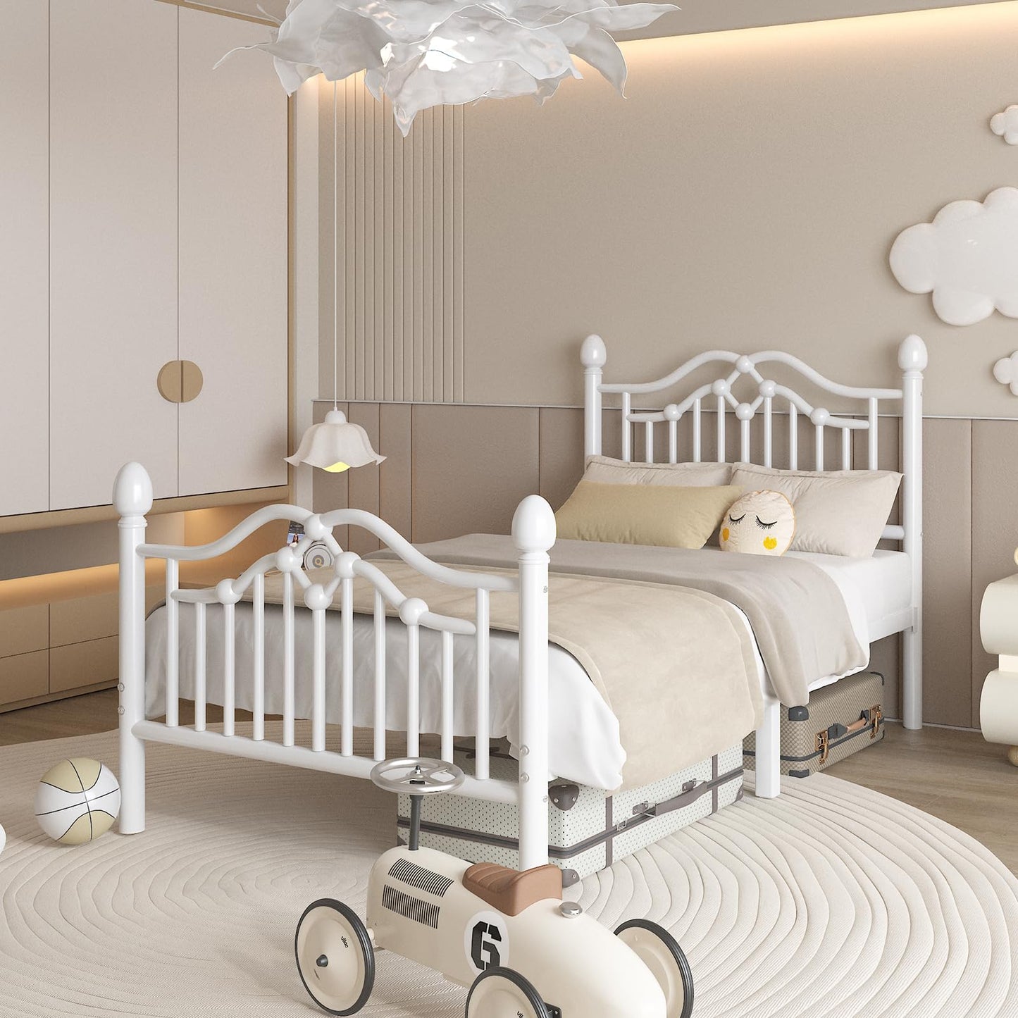 LoVinson Twin Bed Frame with Headboard and Footboard, Modern Metal Platform Bed Frame for Kids, Support Up to 800LBS, No Box Spring Needed, Noise Free, Easy Assembly, White