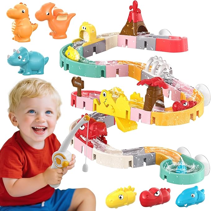 Dinosaur Bath Toys with Track & Fishing Rod – 47PCS Wall Suction Slide Playset for Toddlers, DIY Water Race Track with 6 D...