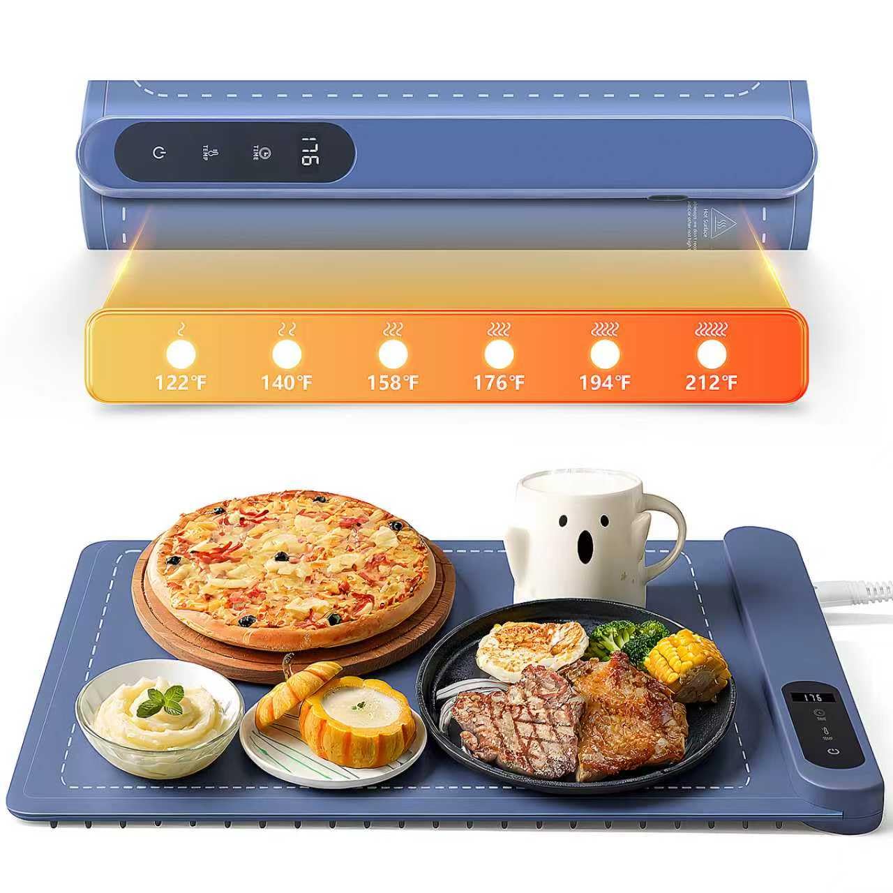 Compact Warming mat for Food, Touchscreen with 6-Temp & Timer Control, Foldable Food Warmer Mat for Coffee Tables, Breakfast Bars & Small Gatherings | Ideal Kitchen Gift (Graphene Heating, Blue)