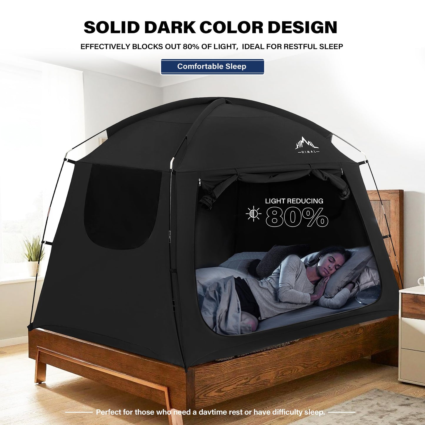 UNIHIMAL Bed Tent for Adult and Kids,Indoor Portable Light Reducing Twin Size Canopy Tents Breathable Lightweight Private Space for Bed(Black)