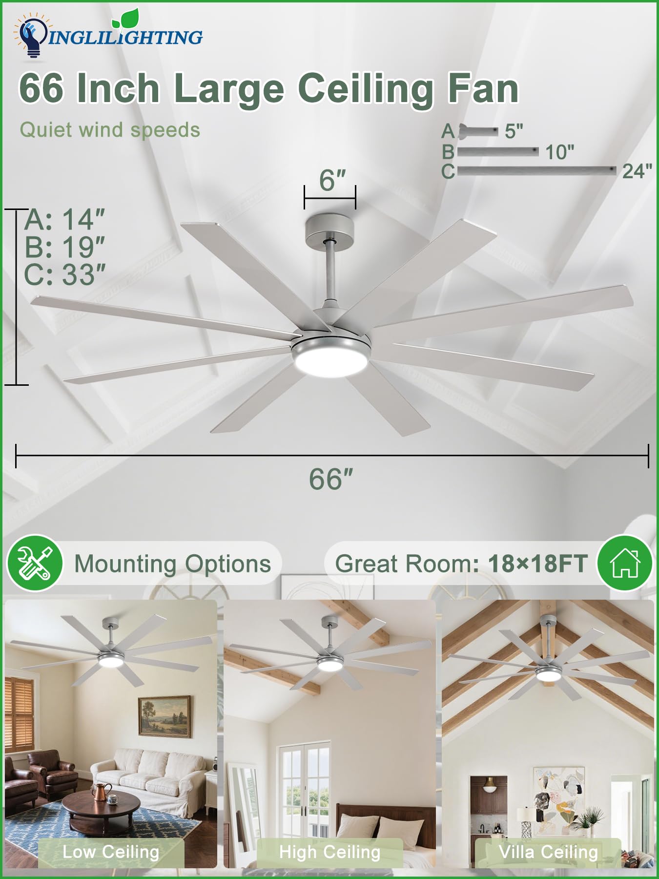 Dllt Large Ceiling Fans With Lights: 66In Modern Indoor/Outdoor Ceiling Fan For Living Room Patio - Silver Ceiling Fans With Rem