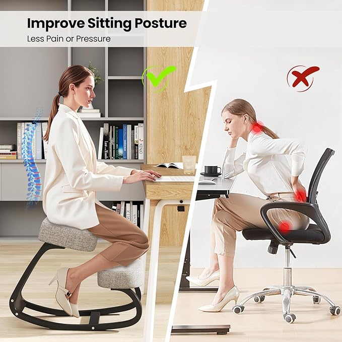 Goplus Ergonomic Kneeling Chair, Rocking Upright Posture Chair with Soft Seat & Knee Pads, Wooden Backless Knee Chair Relieves Neck Back Pain for Home Office Study, Gray and Black