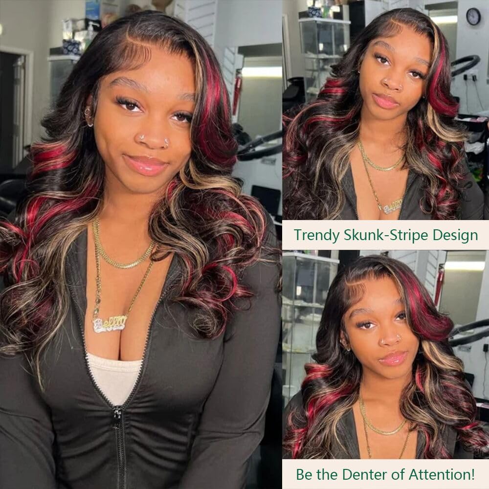 Aolvoblees Red Blonde Black Skunk Stripe Human Hair Wig 250% Density Highlights Burgundy Ombre 13X4 Body Wave HD Lace Front Fron