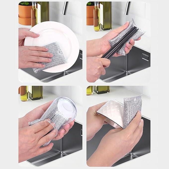 Non Scratch Scouring Pads 4 Pack - Double Sided Silver Silk Dish Sponge with Wire Scrubber | Heavy Duty Kitchen Cleaning for Pots Pans Top Sink | Safe for Nonstick Cookware Stainless Steel Cast Iron