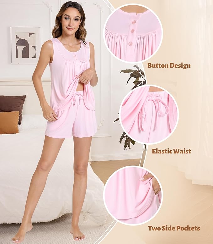 NACHILA Pajamas for Women-Viscose from Bamboo, Ribbed Racerback Tank Top Sexy Split Shorts Pajama Sets Cooling Sleep Cami Pjs
