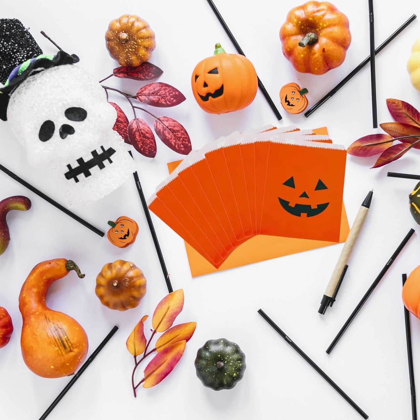 JUTTIRA 100 Pack Kraft Paper Treat Bags 5x7 Halloween Cookie Bags Mini Halloween Candy Buffet Bag Small Pumpkin Trick Or Treat Bags Flat Glassine Style Bag for Candy Cookies Party Favor