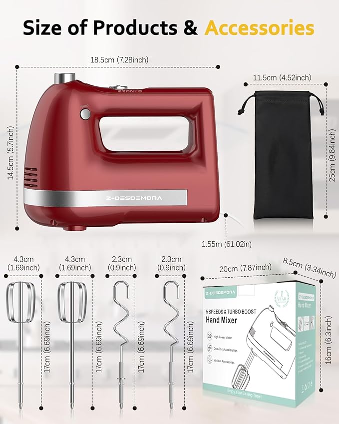 Electric Hand Mixer, Powerful 300W Hand Mixer Electric Handheld with 304 Beaters, Dough Hook, Hand Held Mixer with Turbo for Baking Cakes, Eggs, Cream Food(Red)