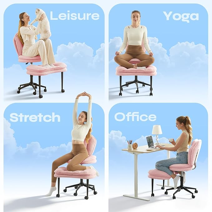 Ergonomic Cross Legged Office Chair for ADHD, Kneeling Chair with 360° Swivel Wheels and Reversible Seating for Meditation, Adjustable Height and Seat Deapth, Teddy Fabric, Pink