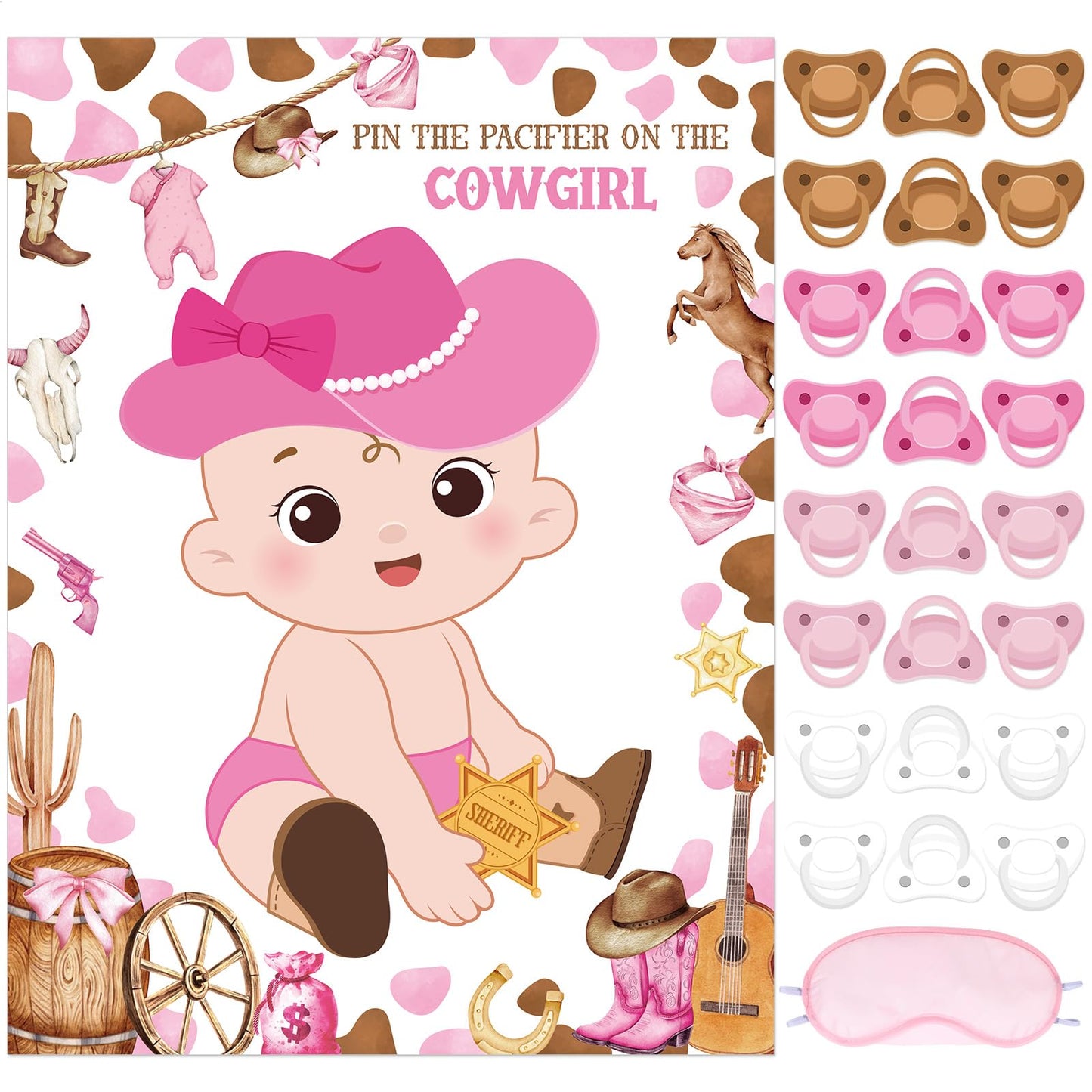 Faccito Pin The Pacifier Baby Shower Game Baby Shower Party Decorations Include Large Poster 24 Pacifier Stickers Blindfold Game Set for Birthday Party Decor Supplies(West Cowboy)