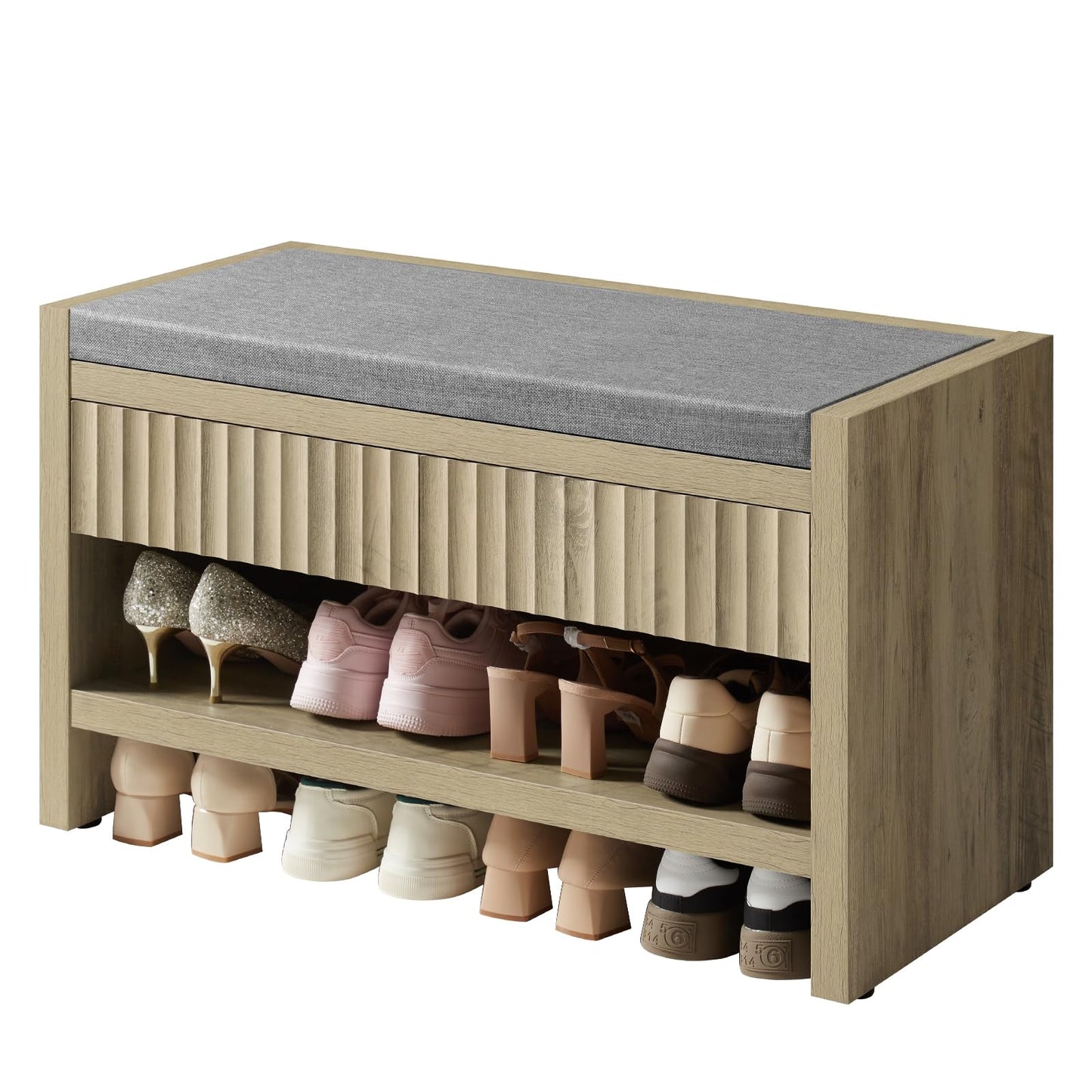 OAKHAM HOME Fluted Shoe Bench with 2 Drawers, Heavy Duty Entryway Storage Stool with Soft Linen Seat Cushion, Shoe Rack Organizer with Shelf for Hallway Living Room Bedroom (Sunwashed Ash Oak)