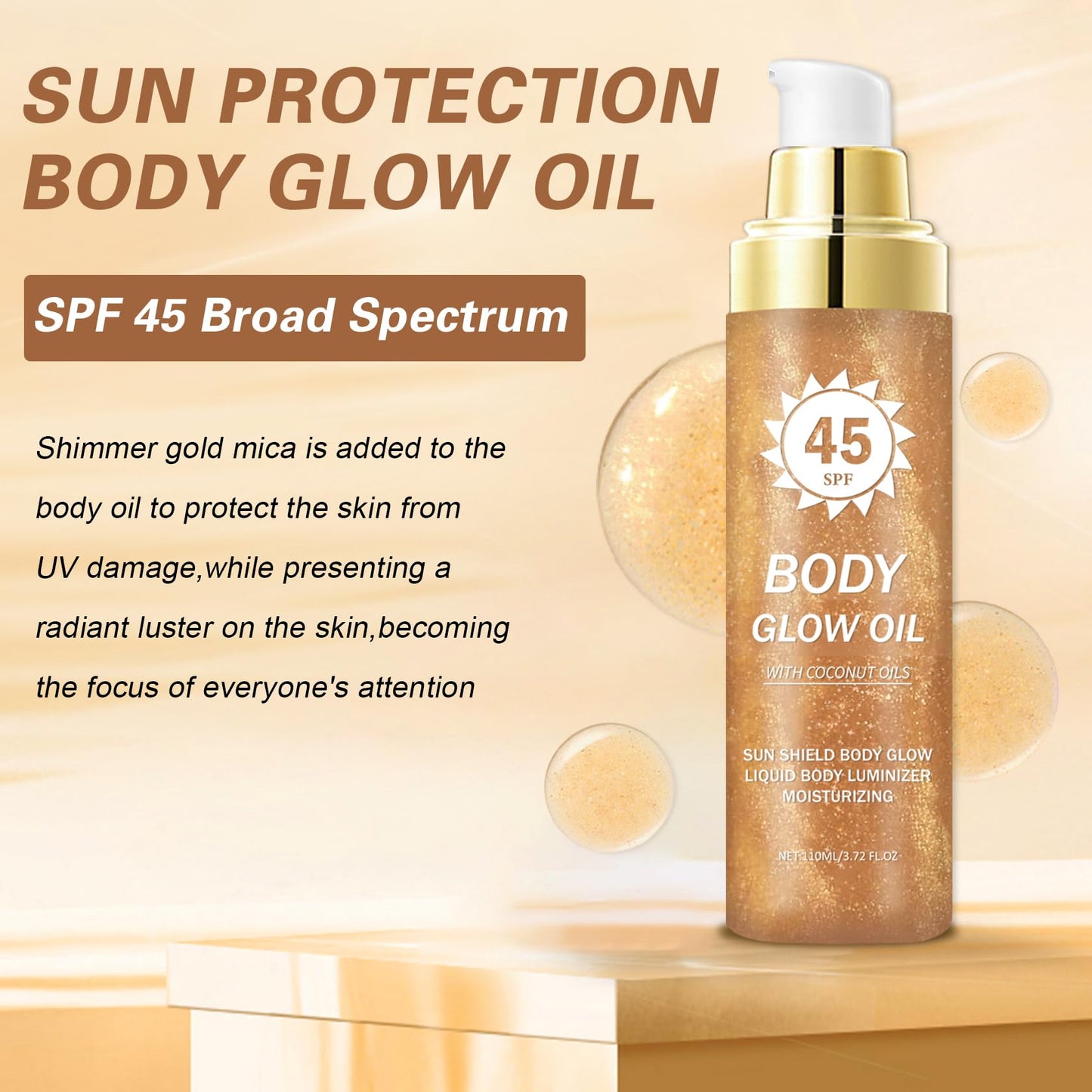 QIUFSSE Glitter Sunscreen Oil with Coconut,SPF 45 Broad Spectrum,Body Shimmer Oil with Gold Mica,Lightweight Non-Sticky,Water Re