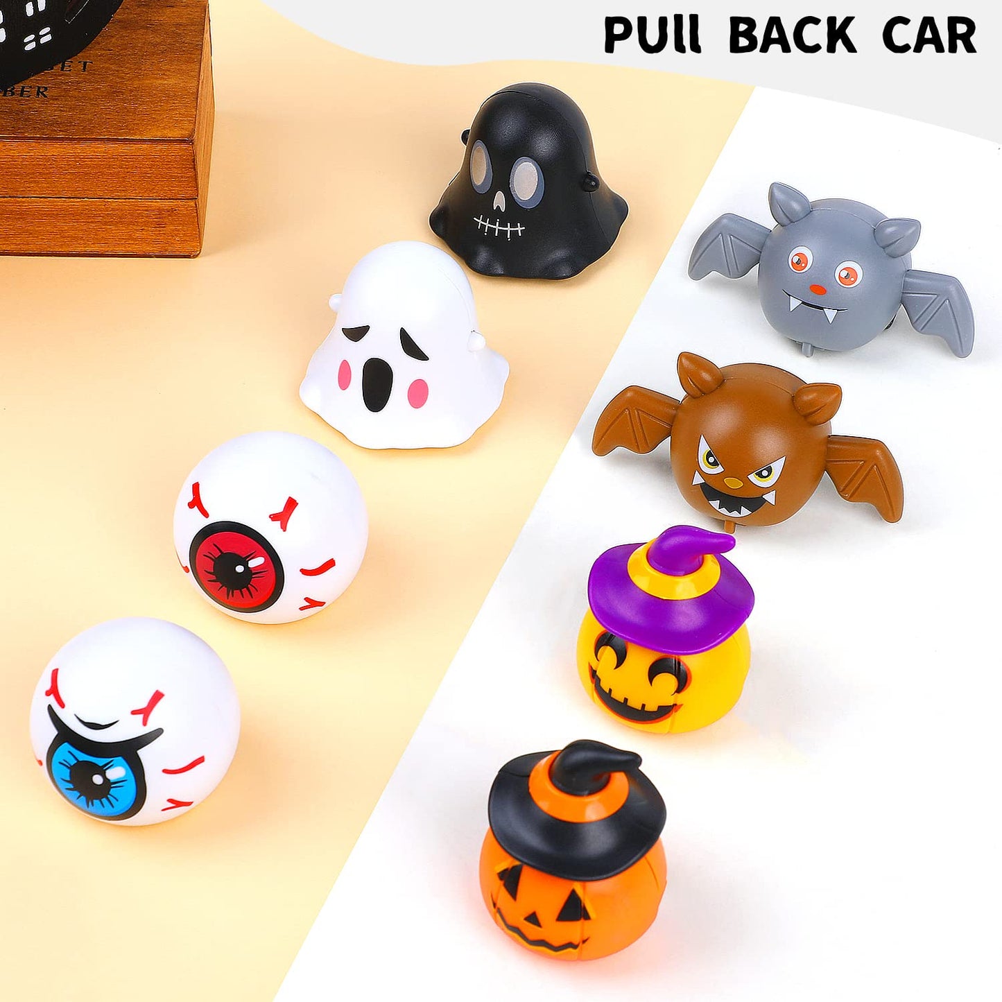 CCINEE 24PCS Halloween Pull Back Cars, Assorted Ghost Eyeball Bat Pumpkin Tiny Car Toys Halloween Friction Powered Racing Cars Vehicle Toy for Kids Halloween Bag Fillers Treats Prizes Party Favors