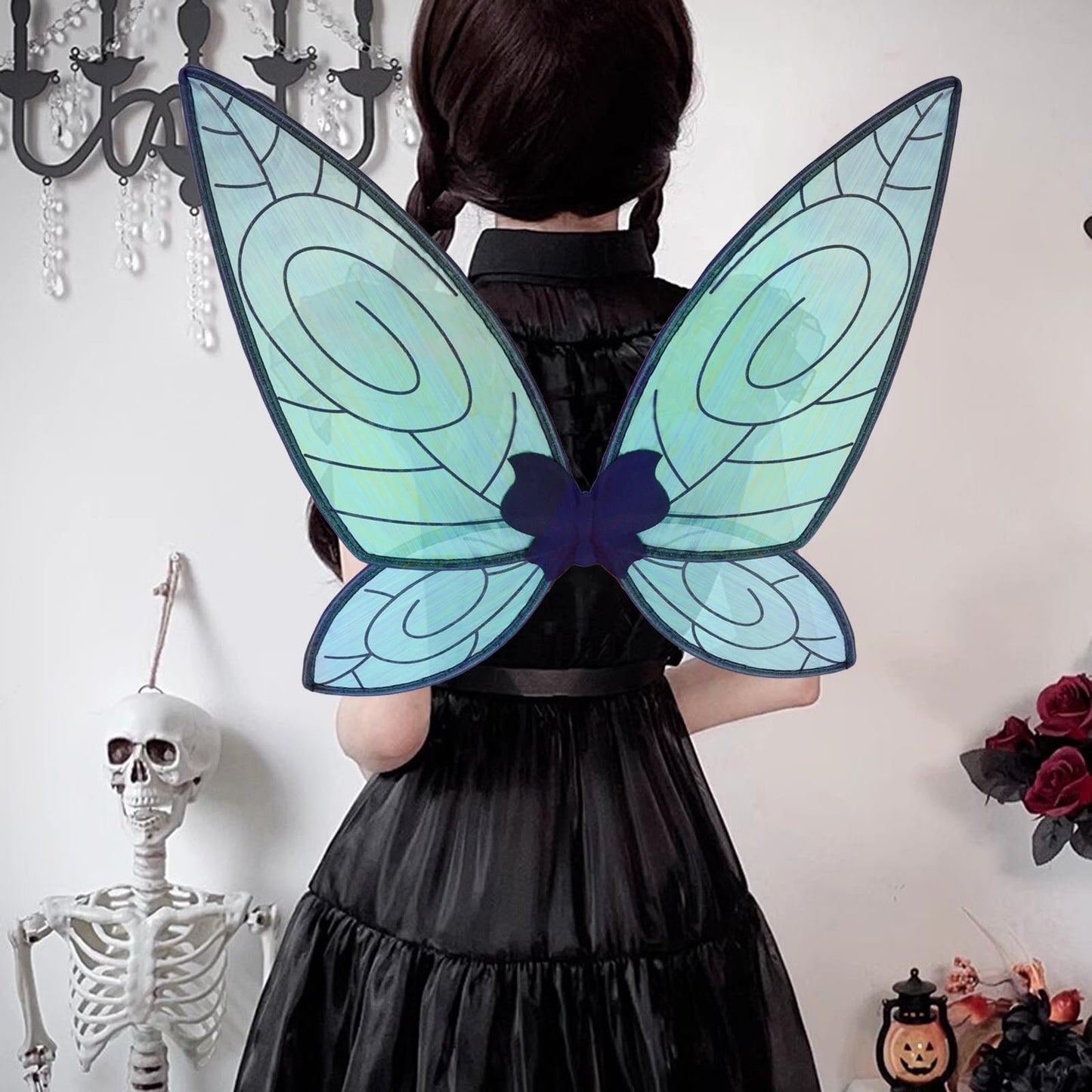 LOHZAQ Butterfly Fairy Wings Costume for Women Girl, Sparkle Princess Wing for Halloween Party Favor with Elf Ears Flower Crown (Black)