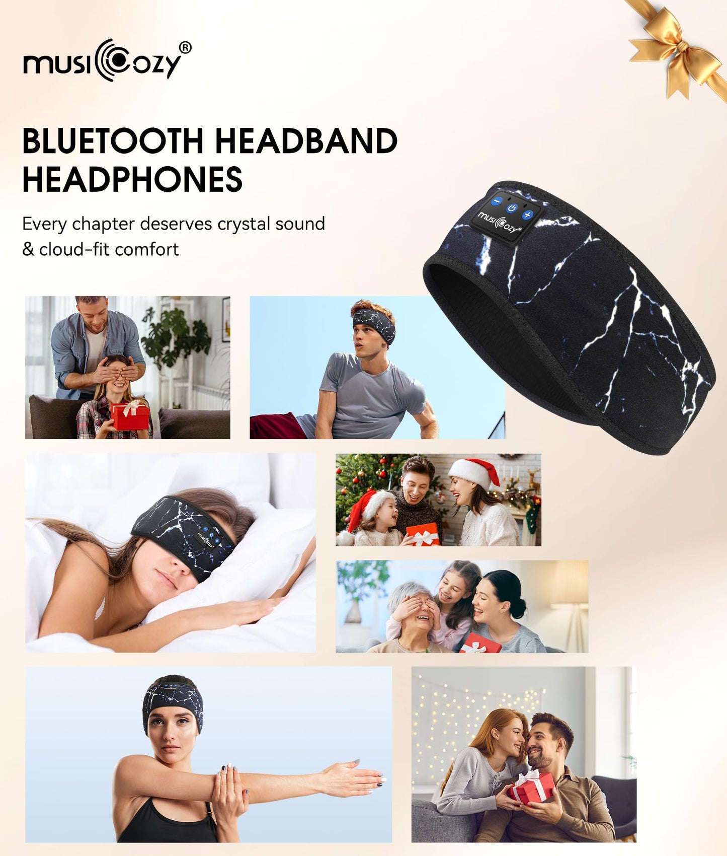 MUSICOZY Sleep Headphones Bluetooth 5.4 Headband, Wireless Earphones Music Sleep Earbuds Sleeping Eye Mask with HD Stereo Speakers for Workout Running Travel Yoga, Ideal Gifts (Marbling Black)