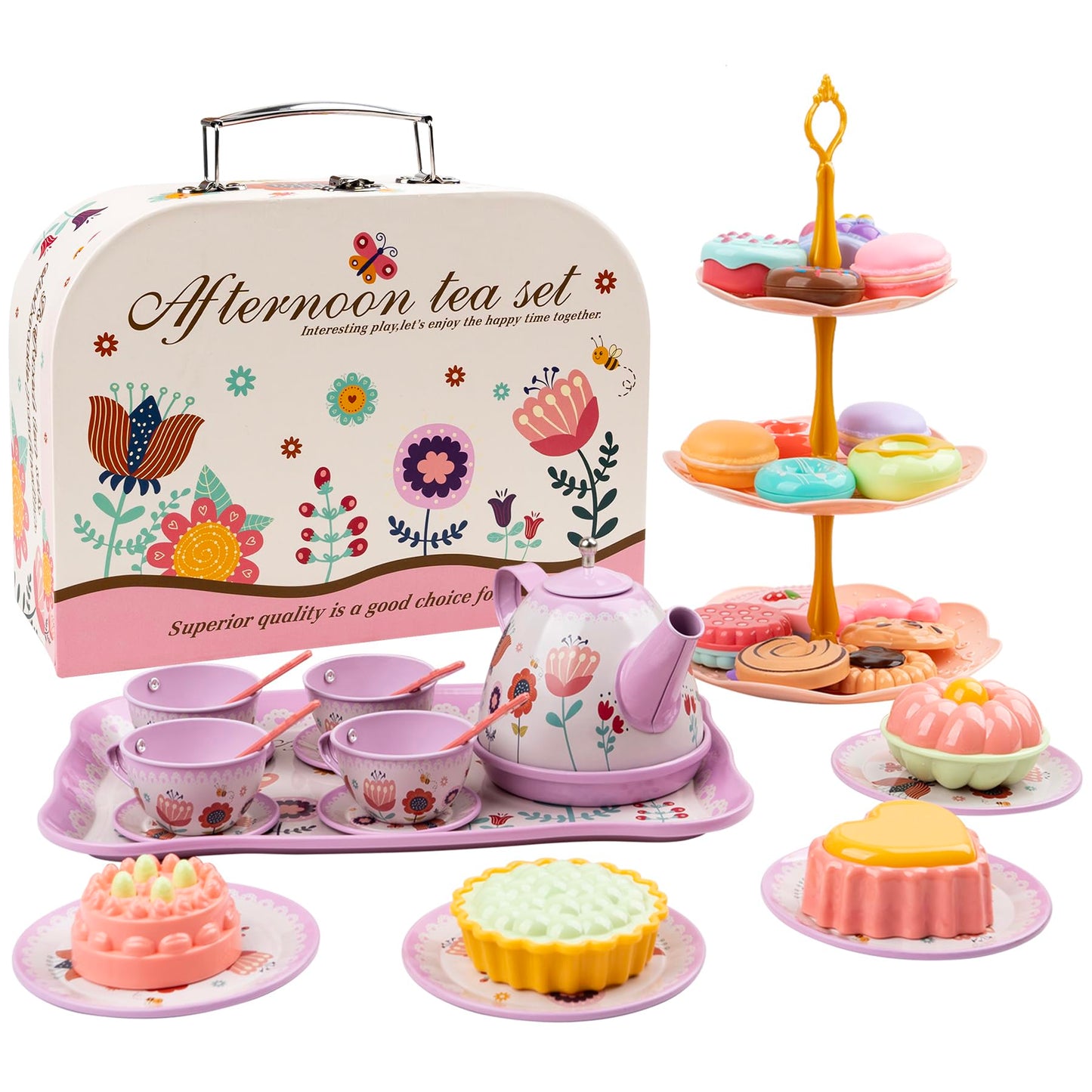 Tea Party Set for Little Girls, 48PCS Princess Tea Time Toy Playset, Kitchen Pretend Play Include Teapot Dishes Dessert & Carrying Case, 3 Year Old Girl Gifts(Flower Design)