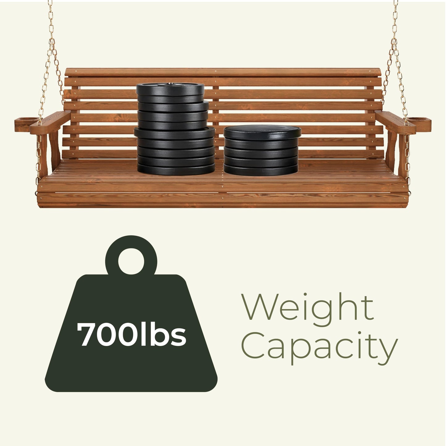 Amish Casual Heavy Duty 700 Lb Capacity Porch Swing with Cup Holders (4 Foot, Semi-Solid Grey Stain) – Wooden Outdoor Roll Back Swing with Hanging Chains – Amish Made in the USA