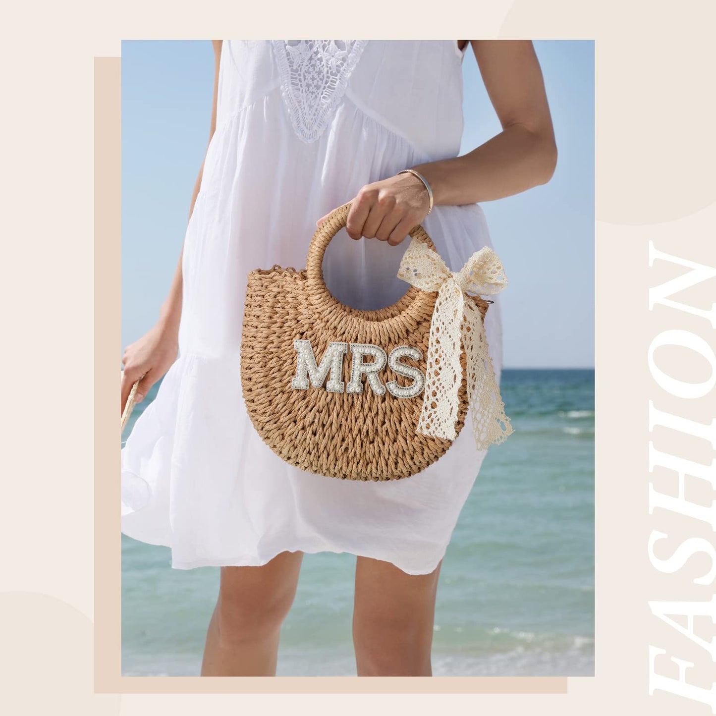 Pinkunn Bride Gift Bride Straw Purse Mrs Handwoven Bag Rhinestone Letter Bag Bachelorette Honeymoon Wedding Bridal Shower(MRS)