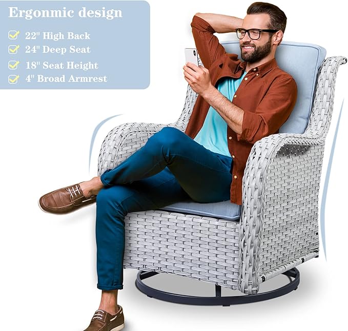Belord Wicker Outdoor Furniture Patio Furniture Set - 6 Piece Patio Conversation Set with Swivel Rocker Chairs, Rattan Sofa, Ottomans and Coffee Table, Baby Blue Cushion