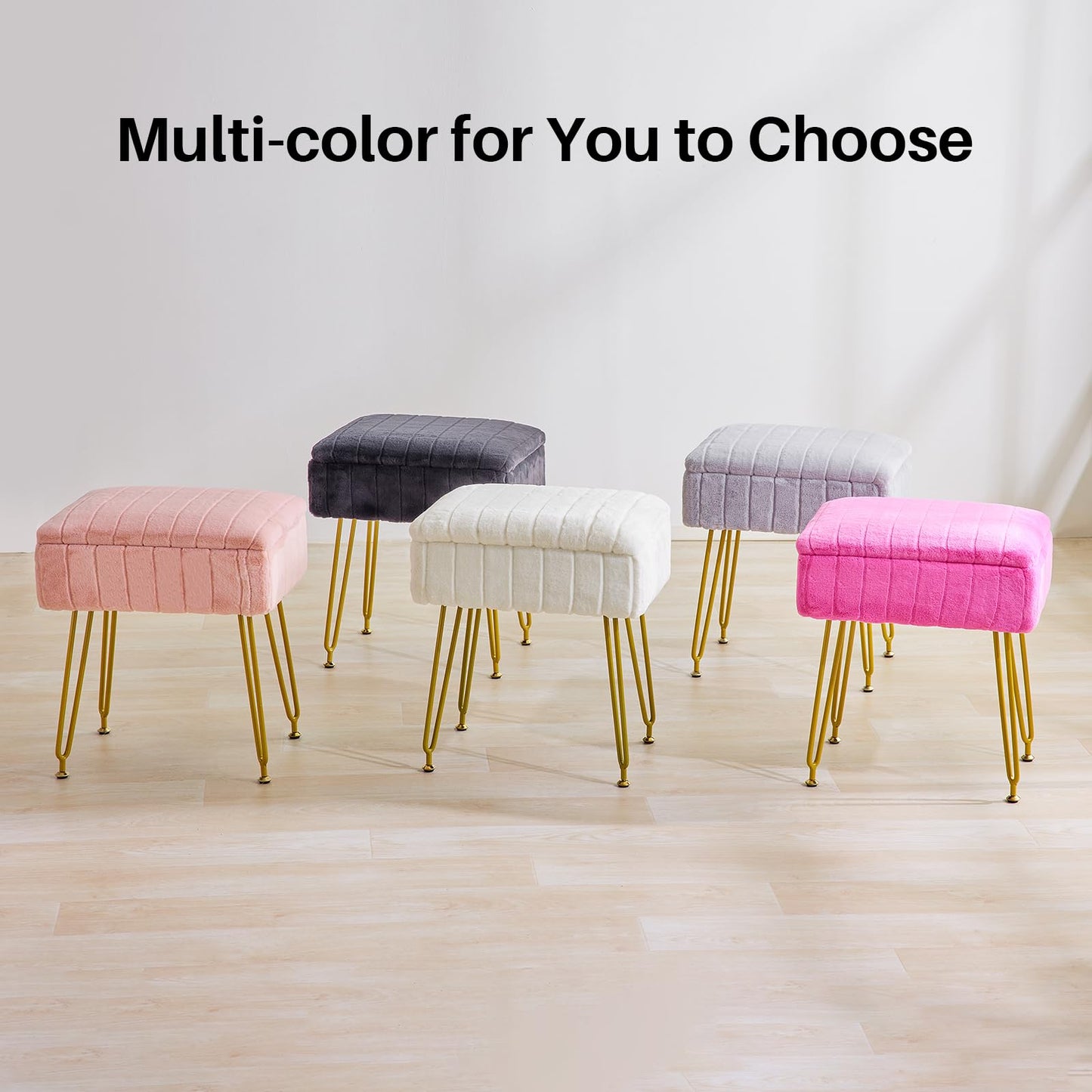 Redlife Vanity Stool with Storage, Vanity Stool Chair, Faux Fur Vanity Chair with Gold Metal Leg, Footrest Footstool Ottoman, Multifunctional Makeup Vanity Chair for Vanity Makeup Room Bedroom(White)