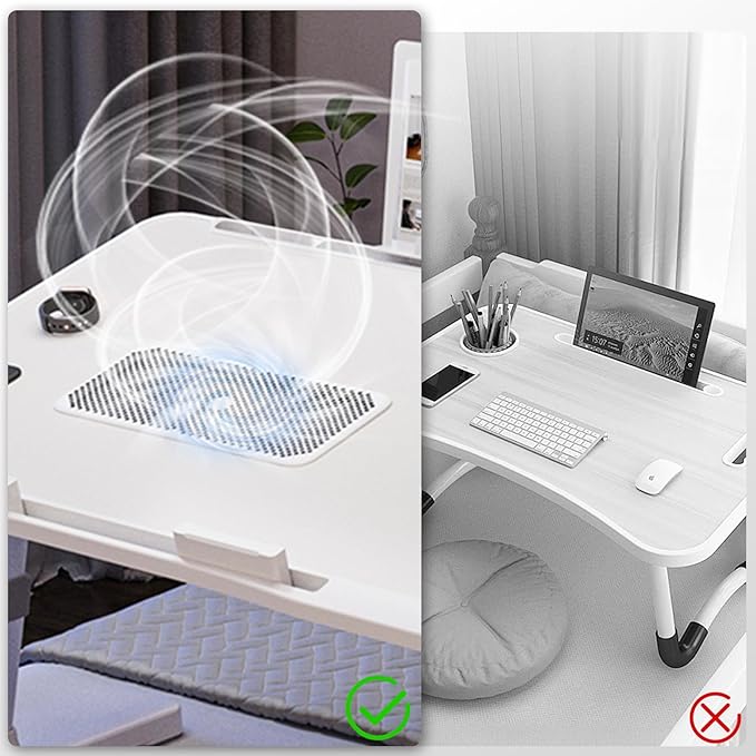 iXTRA Laptop Lap Desk with Cooling Fan - Adjustable with Light, USB, Storage Drawer - Folding Bed Desk,22.04"*12.59",White