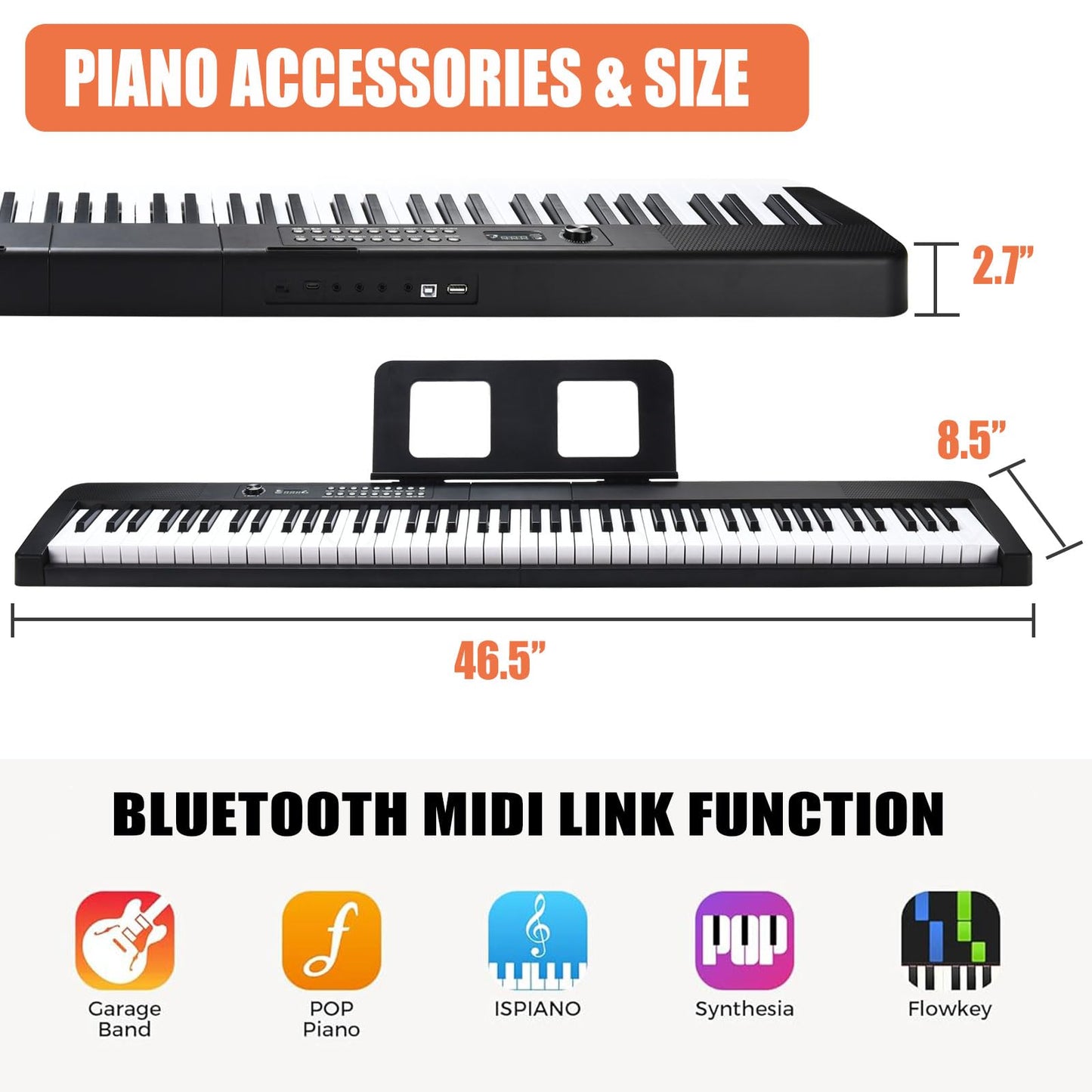 88 Key Digital Piano, Electric Piano Keyboard with Semi Weighted Keys, Keyboard Piano with Sustain Pedal, Power Adapter, Stand, Carrying Case, Headphones, USB-MIDI Compatibility, for Beginner Adults