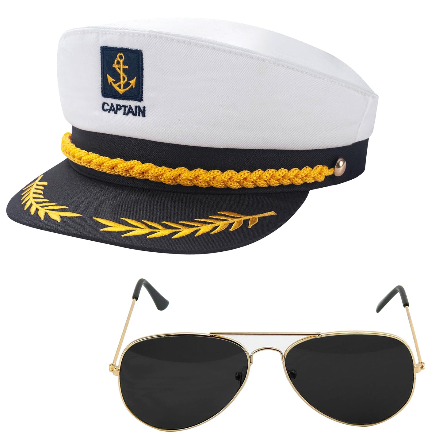 Captain Hat and Sunglasses Set, Adjustable Sailor Skipper Cap Marines Costume Accessory for Men Women Kids, Yacht Rock Party Boat Hat for Adult Halloween Cosplay