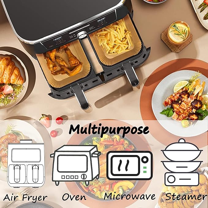 HONYAO Air Fryer Paper Liners for Dual Zone Airfryer, 8.1x5.5 inch Rectangle Disposable Baking Inserts for Ninja Foodi DZ201/401, 8-10 Quart Double Basket Food Grade Accessories BPA free