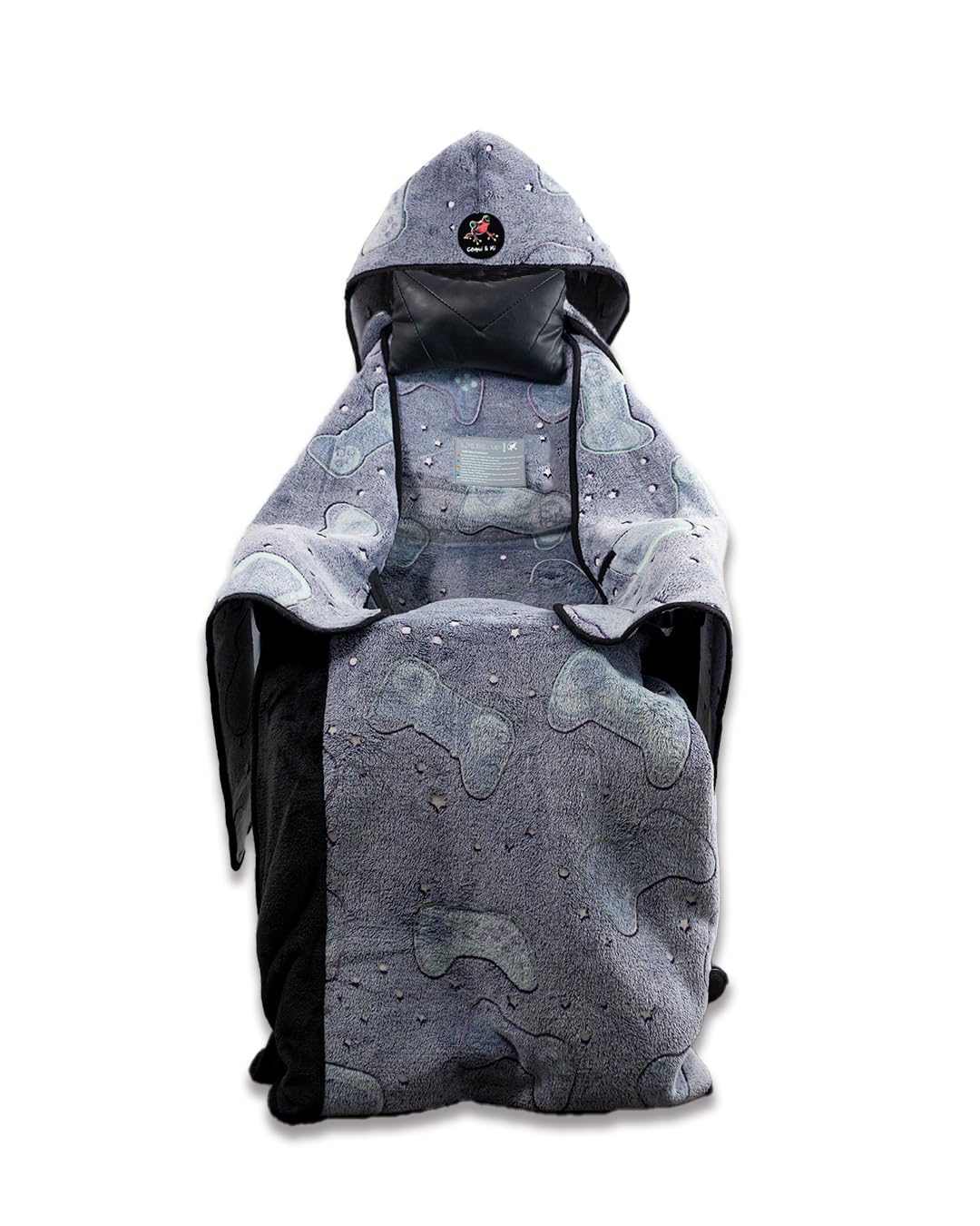 LEVEL UP WRAP® – Glow-in-The-Dark Gaming Chair Blanket with Hood | Cozy, Oversized Fit | Secure Attachment | Easy-Wash, Eco-Friendly Fleece | Gamer Gift | Pattern: Cosmic Controllers