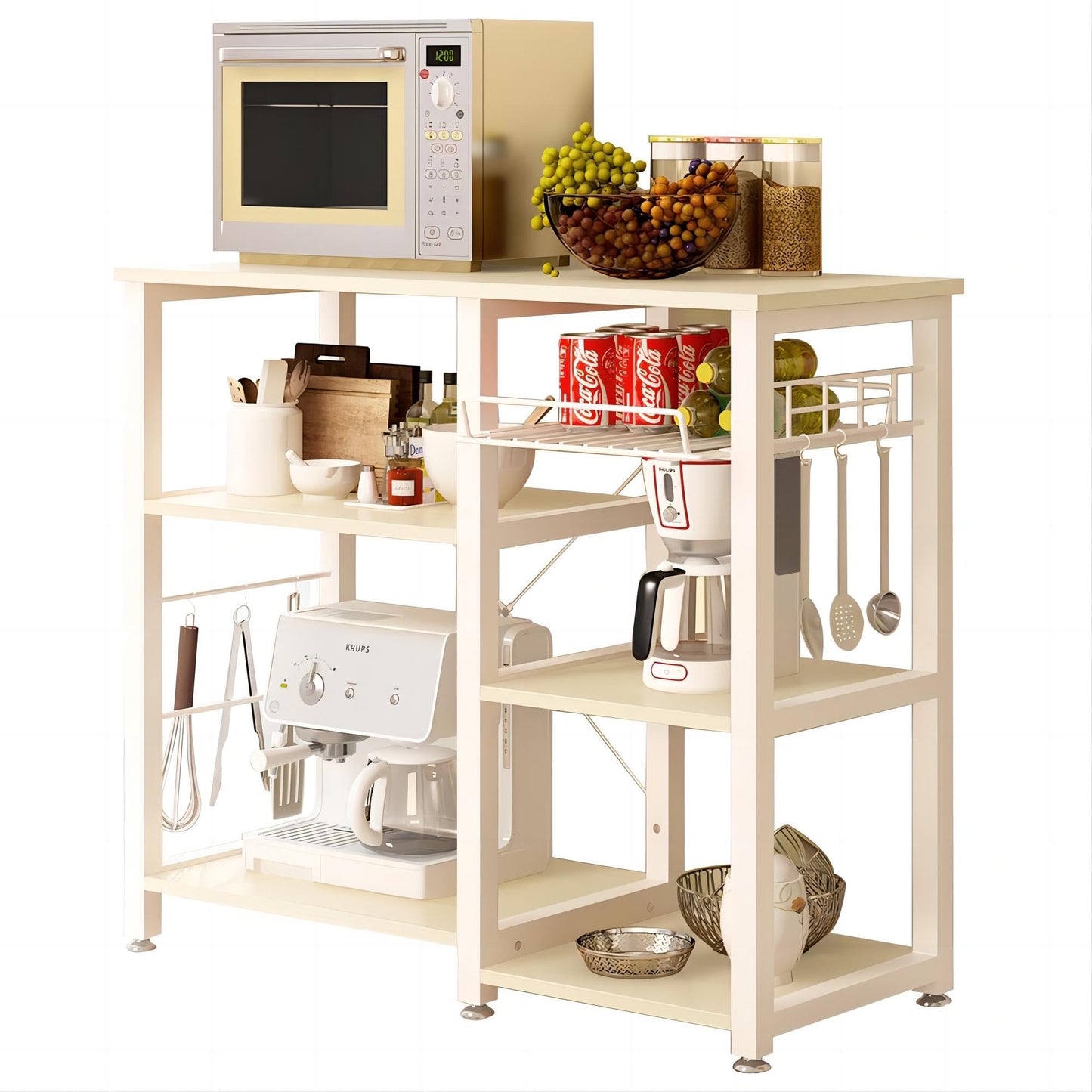 soges Kitchen Bakers Rack with 5 Hooks, Microwave Stand, Coffee Bar Station, Industrial Storage Shelf with Wire Basket, Adjustable Feet, Sturdy Metal Frame for Kitchen, Pantry, Living Room, White Oak
