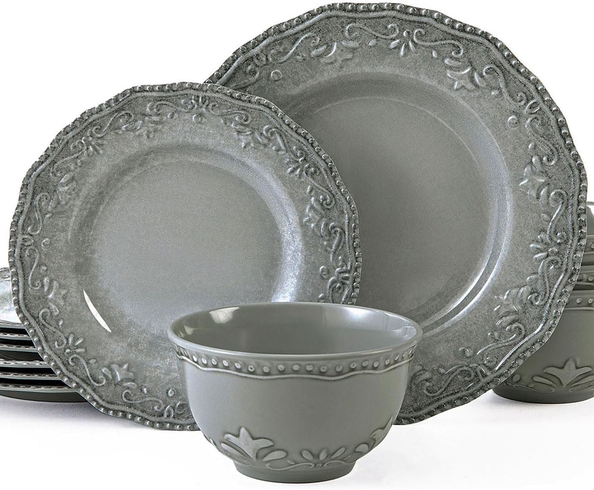 TP 12-Piece Dinnerware Set, Melamine Dishes Set with Bowls and Plates, Non-breakable and Lightweight Dinner Service for 4, Grey
