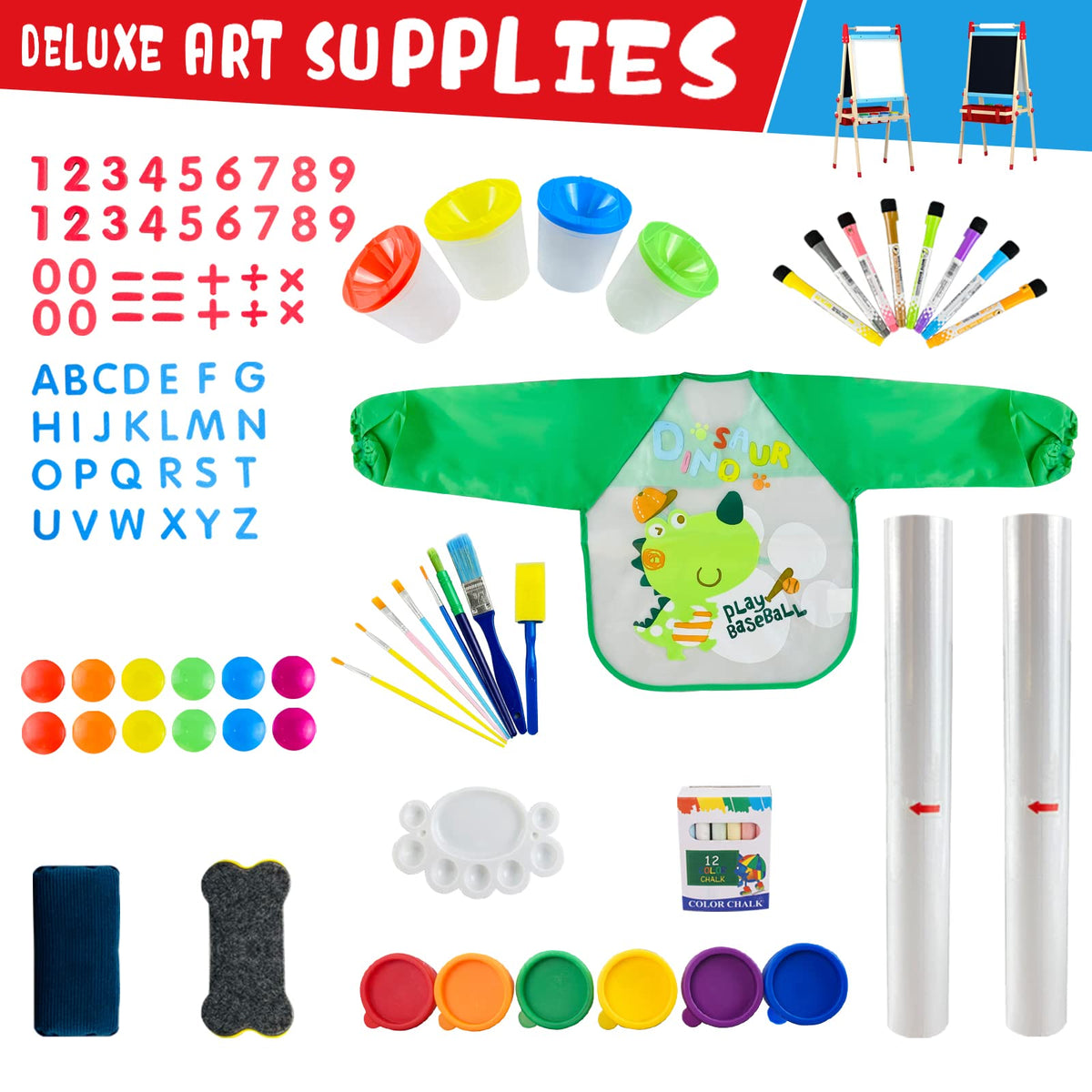 WOOD CITY Easel for Kids, Adjustable Standing Art Easel with Painting Accessories Wooden Chalkboard & Magnetic Whiteboard & Painting Paper Stand, Toddler Art Set Easel for Toddlers 2-12 Year Olds