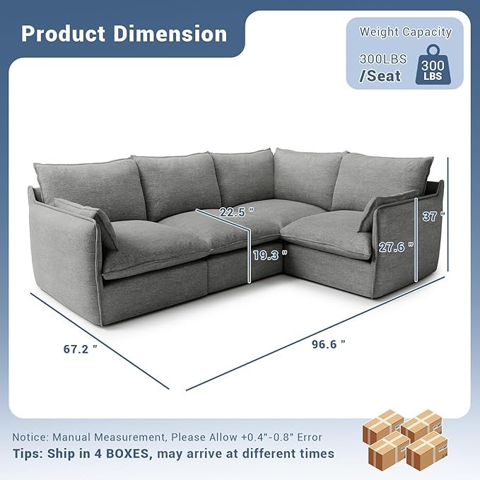 Lopzeho Cloud Modular Sectional Sofa, Waterproof Down Filled Sectional Sofas, High Backrest 4 Seater Sectional Couches for Living Room, Modern Modular Couch with Removable Cover, Dark Gray