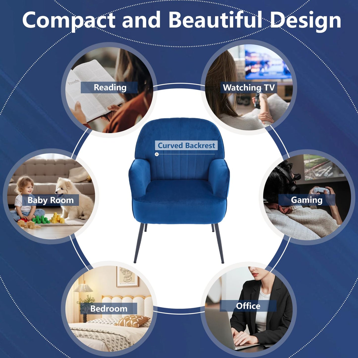 E-Motie Velvet Accent Chair, Modern Upholstered Single Sofa Side Living Room Chair, Comfy Reading Armchair with Metal Legs for Bedroom, Waiting Room, Office and Cafe, Blue
