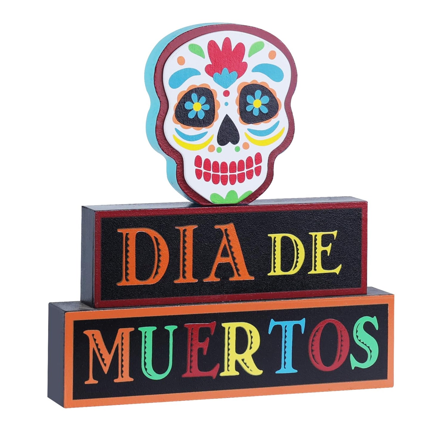 DECSPAS Day of The Dead Decorations, Wood Block Sugar Skull Dia De Los Muertos Decorations with Dia DE Muertos Sign, 3-Layered Wooden Skeleton Decor for Altar, Ofrenda, Home, Table, Mexican Fiesta