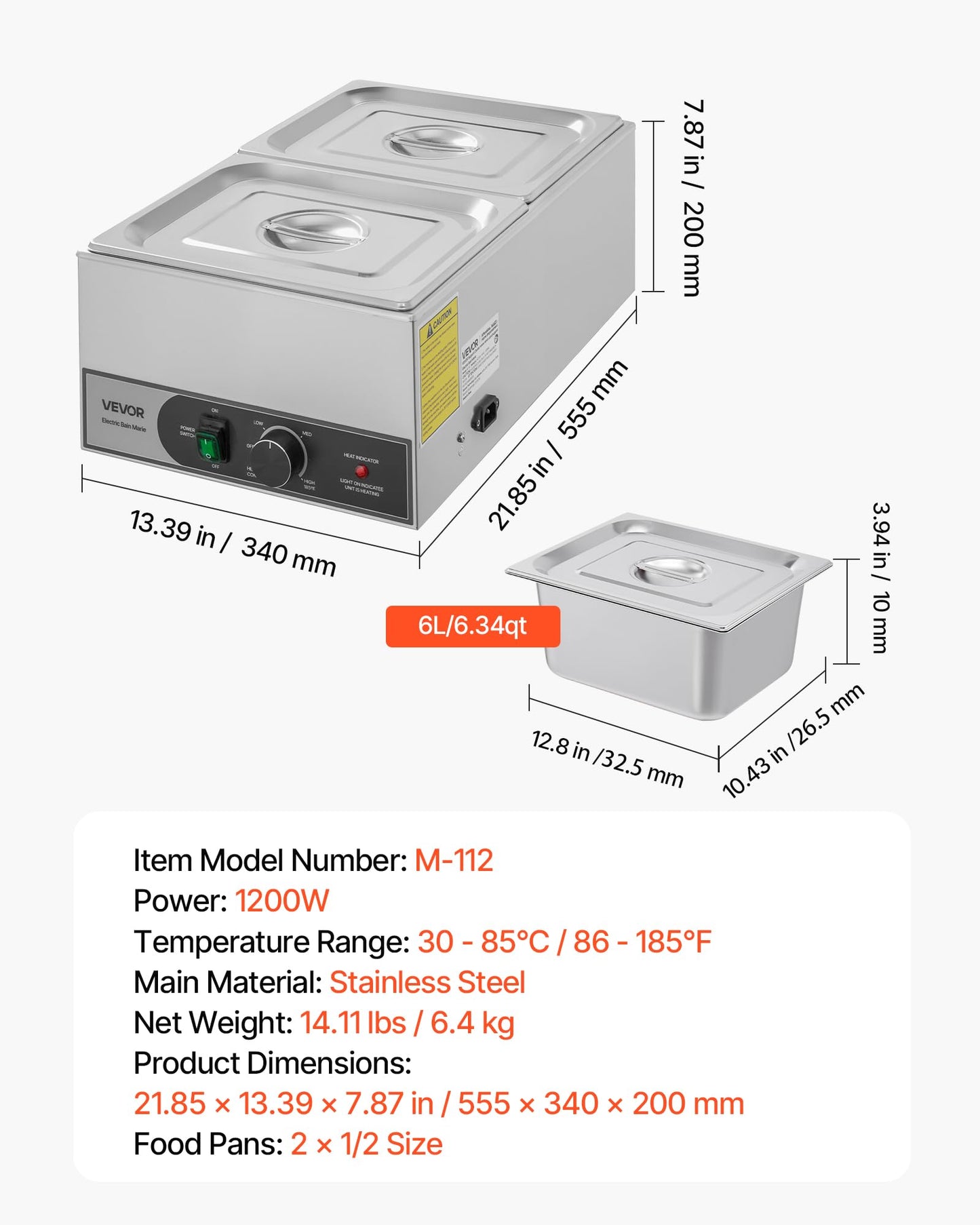 VEVOR Commercial Food Warmer, 1200W Electric Stainless Steel Steam Food Warmer, Fast Heating Countertop Buffet Bain Marie with Two 1/2 Size Food Pans, for Catering, Restaurants, Parties & Buffets
