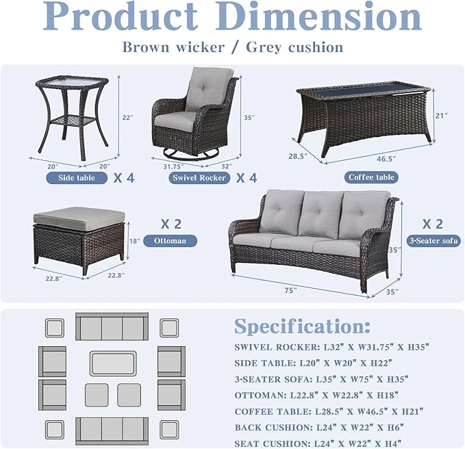 Belord Wicker Patio Furniture Sets - 13 Piece Outdoor Rattan Furniture Conversation Sets with 4 Swivel Rocker Chairs, 2 Rattan Sofas, Wicker Ottomans and Coffee Table, Brown/Grey
