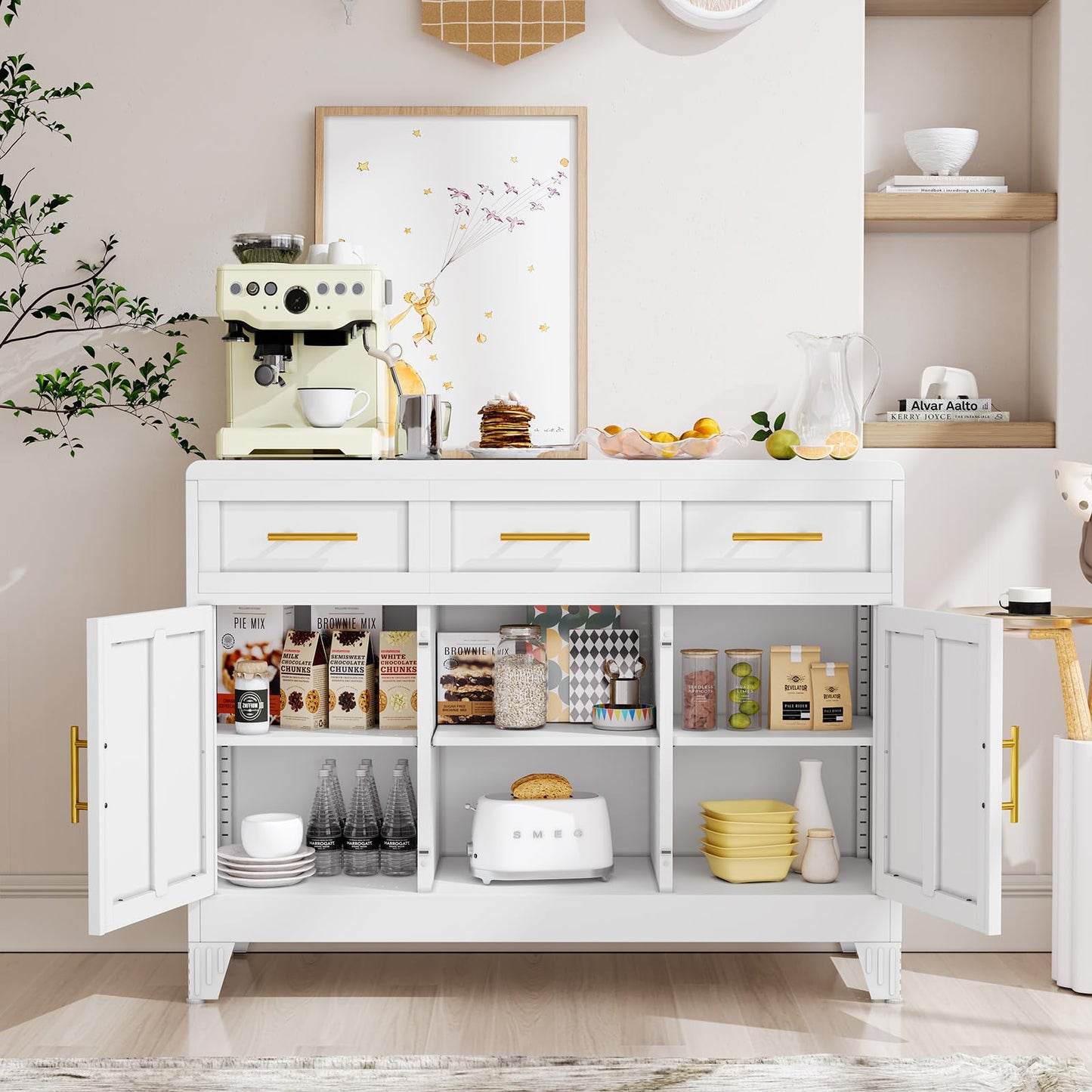 Sideboard Buffet Cabinet with Drawers, 47.2" Large Sideboard Cabinet with Doors & Adjustable Shelves, Modern Farmhouse Coffee Bar Console Table, Coffee Bar for Kitchen, Dining Room